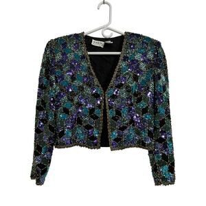 Vintage Sequin Silk Cropped Jacket Geometric Disco Party Top M Black Tie